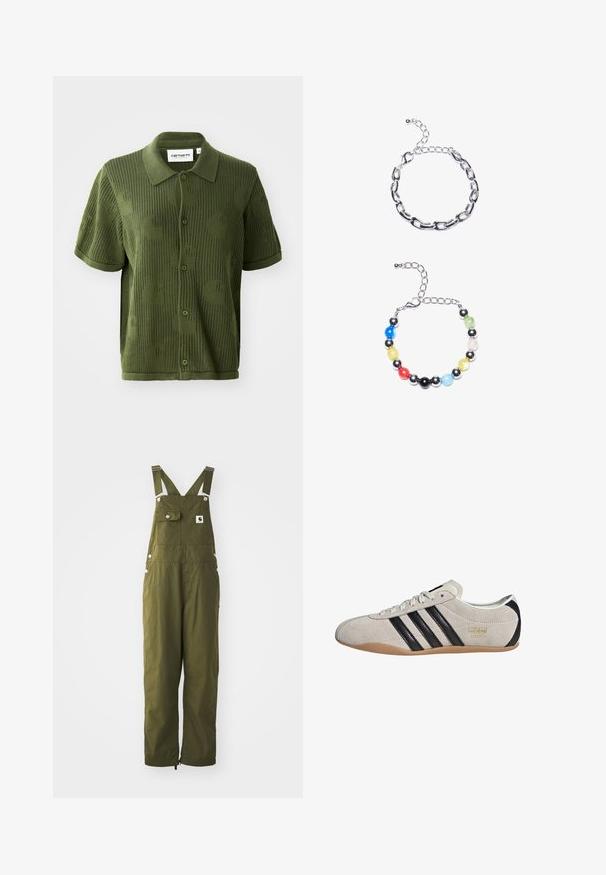 Green knitted polo shirt with short sleeves, featuring a textured pattern of large circles and button-up closure.; Olive green cotton overalls with adjustable straps, front pocket, snap buttons, and a loose fit. Features ankle cuffs with elastic adjusters.; Suede sneaker with a gray upper, black stripes, and a gum rubber sole. Features a lace-up closure and a gold logo detail on the side.; Silver chain bracelet featuring elongated links above. Below, a colorful beaded bracelet with black, blue, green, yellow, red, and clear beads.
