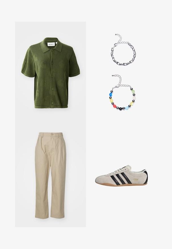 Green knitted polo shirt with short sleeves, featuring a textured pattern of large circles and button-up closure.; Beige trousers made of cotton, featuring a relaxed fit, front pleats, a single button closure, and straight legs with stitched hems.; Suede sneaker with a gray upper, black stripes, and a gum rubber sole. Features a lace-up closure and a gold logo detail on the side.; Silver chain bracelet featuring elongated links above. Below, a colorful beaded bracelet with black, blue, green, yellow, red, and clear beads.