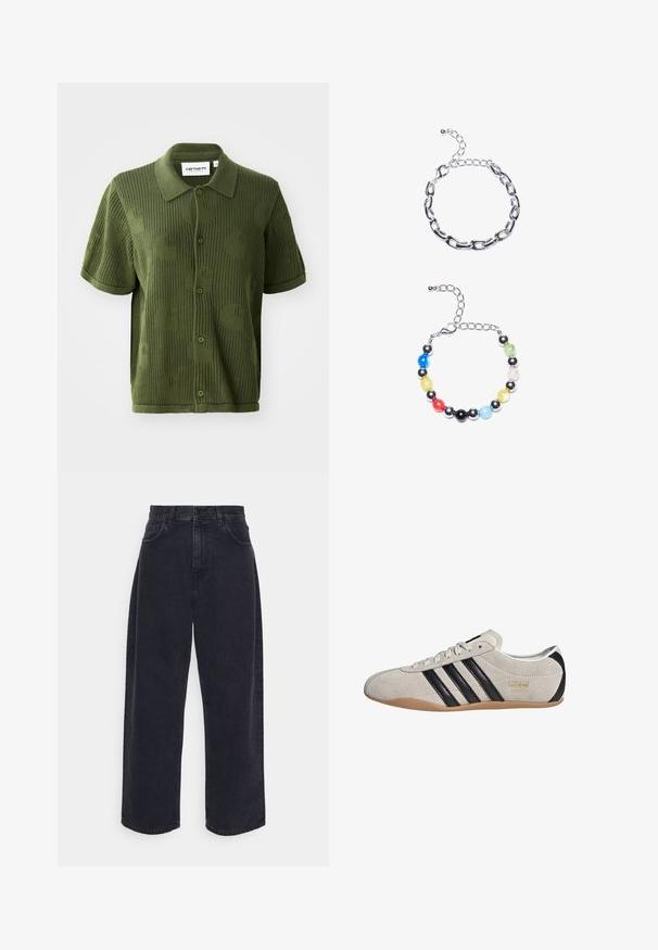 Vihreä neulepolo, jossa on lyhyet hihat, suurella ympyräkuviolla ja napitettava suljenta.; Mustat korkeavyötäröiset leveät farkut, joissa on viisi taskua, nappikiinnitys ja hienovaraisia ompeluyksityiskohtia.; Tennarit mokkanahkaa harmaalla päällä, mustilla raidoilla ja kumipohjalla. Varustettu nauhakiinnityksellä ja kultaisella logo-yksityiskohdalla sivussa.; Hopeaketju, jossa on pitkänomaisia lenkkejä ylhäällä. Alhaalla on värikäs helmetti, jossa on mustia, sinisiä, vihreitä, keltaisia, punaisia ja kirkkaan läpinäkyviä helmiä.