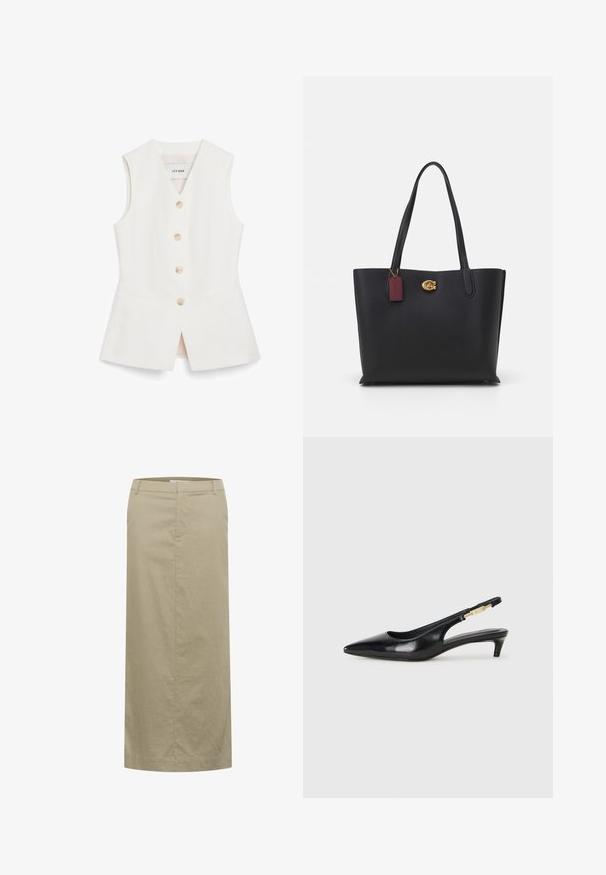 Biele bezrukávové tričko s priliehavým strihom, šiestimi okrúhlymi gombíkmi a dvoma prednými vreckami. Vyrobené z hladkého materiálu s čistým povrchom.; Bežová ľanová midi sukňa s plochým pásom, bočnými vreckami a rovnou siluetou, s minimálnym šitím a bez viditeľného kovania.; Čierne kožené slingback opätky s špicatou špičkou, s úzkym opätkom a zlatým detailom na nastaviteľnom remienku. Hladká textúra.; Čierna kožená taška s dvoma dlhými uchami, textúrovaným povrchom, zlatými doplnkami a bordovou etiketou. Priestranný dizajn s otvoreným vrchom.