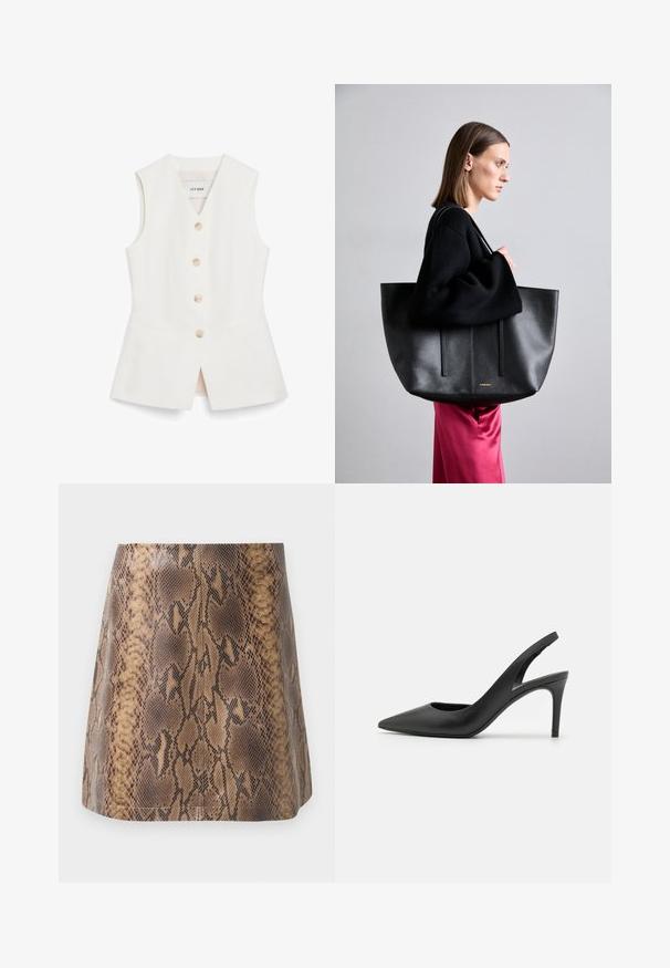 Biele bezrukávové tričko s priliehavým strihom, šiestimi okrúhlymi gombíkmi a dvoma prednými vreckami. Vyrobené z hladkého materiálu s čistým povrchom.; Mini sukňa s hnedým hadím vzorom vyrobená z umelej kože, s hladkou textúrou, priliehavým strihom a jemným švom.; Čierne kožené slingback vysoké podpätky s dizajnom špicatých špičiek, s výrezom vpredu a tenkým stiletto podpätkom.; Čierna kožená taška cez rameno s textúrovaným povrchom, obsahujúca dve vertikálne línie, dvojitými ramennými popruhmi a minimalistickým designom.