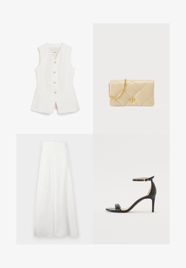 Gilet sans manches blanc au design ajusté, avec six boutons ronds et deux poches avant. Fabriqué dans un matériau lisse avec une finition soignée.; Jupe blanche à rayures diagonales bleu marine, au design fluide et à la texture douce. Présente une taille haute et une forme ample en A.; Sandale à talons hauts en cuir noir avec une lanière de cheville. Présente une texture lisse, un bout ouvert et un talon fin. Détail de boucle en ton doré.; Sac à main en cuir beige matelassé avec une bandoulière chaîne dorée et un logo en accent sur le devant. Texture lisse avec des coutures en motif losange.