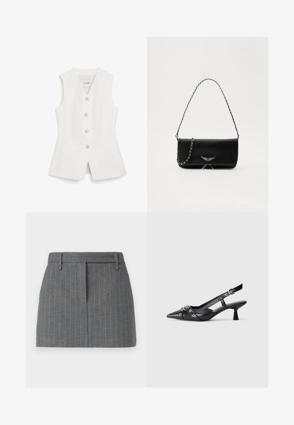 Chaleco sin mangas blanco con un diseño ajustado, seis botones redondos y dos bolsillos frontales. Confeccionado en un material suave con un acabado limpio.; Falda gris a rayas, con corte entallado, que presenta rayas azul claro, presillas para cinturón y una línea de pliegue en la parte delantera. Hecha de una tela texturada. Largo corto.; Zapato de slingback negro de piel con punta afilada, correas decorativas con ojales de metal y un tacón bajo y ancho. Superficie texturizada.; Bolso de mano de cuero negro con una correa de cadena plateada, que presenta acentos decorativos en forma de alas y costuras blancas a lo largo de la costura inferior.