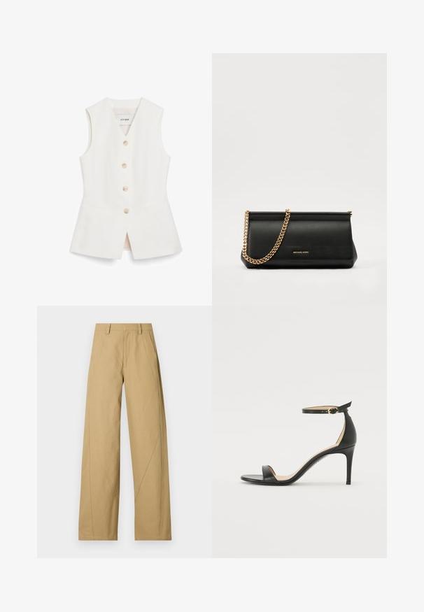 Bela brezrokavna majica s prilegajočim dizajnom, šestimi okroglimi gumbi in dvema sprednjima žepoma. Narejena iz gladkega materiala z urejenim zaključkom.; Khačaste široke hlače iz bombažne mešanice z gladko teksturo, s poudarjenimi diagonalnimi šivi in klasičnim dizajnom pasu.; Črne usnjene sandale s peto, ki imajo priponko za gleženj. Imajo gladko teksturo, odprt prst in tanek peto. Podrobnost z zlatim sponko.; Črna usnjena torbica z zlatim verižnim trakom, z gladko teksturo, pravokotno obliko in embosiranim logotipom spredaj.