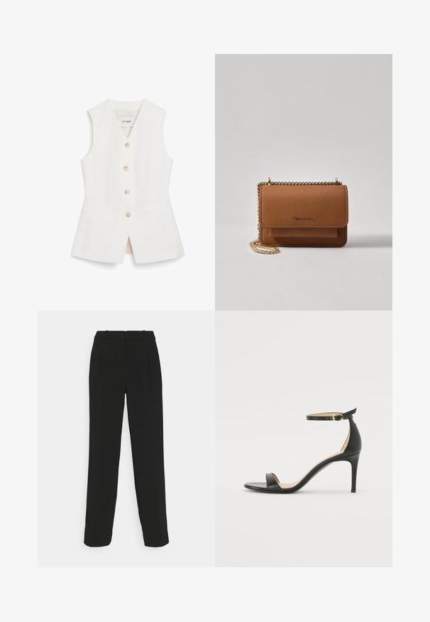 Vit ärmlös väst med en figurnära design, sex runda knappar och två framfickor. Tillverkad av ett slätt material med en ren finish.; Svarta skräddarsydda byxor med rak bendesign, med hög midja, veck och slät tygstruktur.; Svart läder högklackad sandal med ankelrem. Har en mjuk yta, öppen tå och en tunn klack. Guldtonad spänne som detalj.; Brun texturerad läder crossbody-väska med guldkedja och klaffstängning. Framsidan har logotypdetalj och en ficka under klaffen.