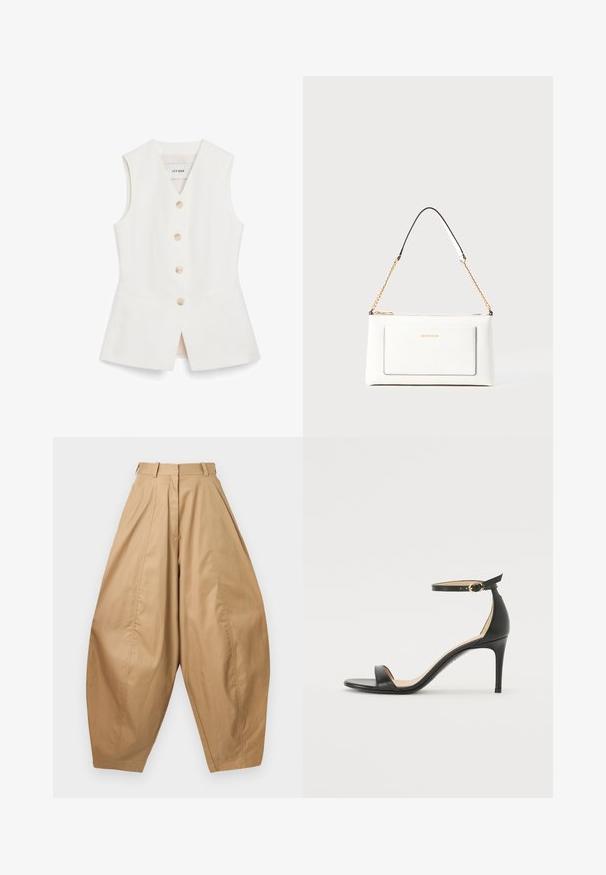 White sleeveless vest with a fitted design, six round buttons, and two front pockets. Made from a smooth material with a clean finish.; High-waist, wide-leg beige pants with pleats, belt loops, and tapered hems, displayed against a white background.; Black leather high-heeled sandal with an ankle strap. Features a smooth texture, open toe, and a thin heel. Gold-toned buckle detail.; White leather handbag with a textured finish, featuring a gold chain strap and black accents. Includes a front pocket and zipper closure.