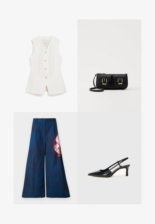 Bijela bezrukavna prsluk s figurnim dizajnom, šest okruglih dugmadi i dva prednja džepa. Izrađen od glatkog materijala s urednim završetkom.; Široke hlače od tamnoplavog materijala, s cvjetnim uzorkom u ružičastoj i žutoj boji s jedne strane, zatvaraju se gumbom u struku.; Crne lakirane slingback pete s oštrim vrhom, s teksturiranim uzorkom zmijske kože, podesivom remenom i kratkom, teksturiranom blok-petom.; Crna kožna torba preko ramena s dva prednja džepa, zlatnim kopčama, zatvaranjem na zip i uskim remenom. Teksturirana površina i kompaktan pravokutan oblik.