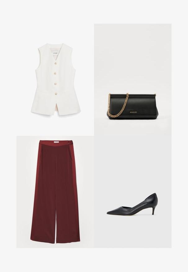 White sleeveless vest with a fitted design, six round buttons, and two front pockets. Made from a smooth material with a clean finish.; Burgundy wide-leg trousers with a smooth, soft texture, featuring a flat waistband and side pockets. Minimalist design with no visible hardware.; Black leather pump with a pointed toe and low heel. Features a smooth texture and subtle sheen. Open cut at the front for added detail.; Black leather clutch bag with a gold chain strap, featuring a smooth texture, rectangular shape, and embossed branding on the front.