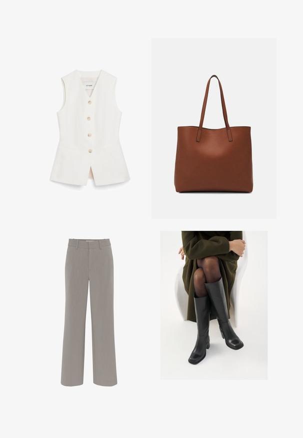Colete branco sem mangas com um design ajustado, seis botões redondos e dois bolsos frontais. Feito de um material suave com um acabamento limpo.; Gestuz JOELLE PINSTRIPE PANTS - Calças - rock ridge; Botas de couro pretas até ao joelho com biqueira quadrada e salto em bloco, apresentadas com um modelo sentado num casaco verde-azeitona. Textura lisa, com detalhes mínimos.; Bolsa tote de couro castanho com uma textura suave, design de abertura superior e duas alças para o ombro. Apresenta costura mínima e sem hardware visível.