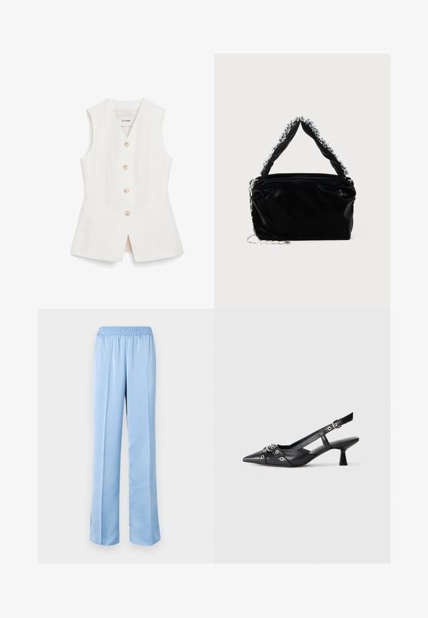 Gilet sans manches blanc au design ajusté, avec six boutons ronds et deux poches avant. Fabriqué dans un matériau lisse avec une finition soignée.; Pantalons larges bleu clair avec une taille élastique. Texture lisse, design uni et ourlet légèrement évasé avec des fentes sur les côtés en bas.; Chaussure slingback en cuir noir avec un bout pointu, des sangles décoratives avec œillets en métal et un petit talon carré. Surface texturée.; Sac à main en simili cuir noir avec une finition texturée, doté d'un accent en perles argentées le long de la anse supérieure et d'une bandoulière en chaîne.