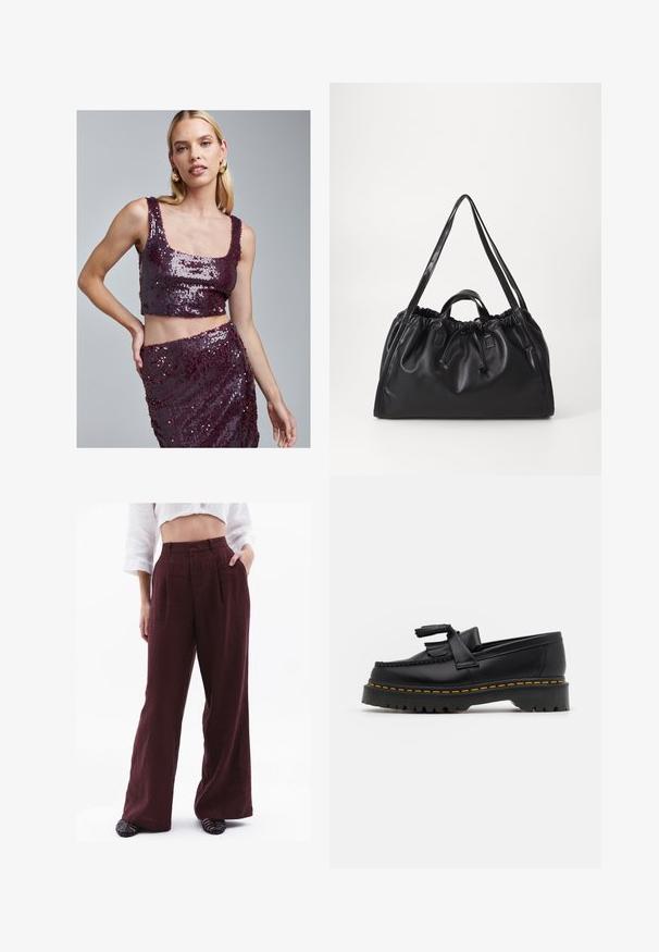 Bordeaux sequin crop top met een vierkante halslijn en bijpassende rok, met een gladde textuur en glinsterend oppervlak op beide stukken.; OXXO Broek - decadent chocolate; Zwarte leren loafers met een franjesaccent, voorzien van een dikke zwarte zool en gele stiksels langs de rand. Gevoelige afwerking.; Zwarte leren tas met een geraffineerde bovenkant, trekkoordsluiting, dubbele handgrepen en lange schouderbanden. Gladde textuur en minimalistisch ontwerp.