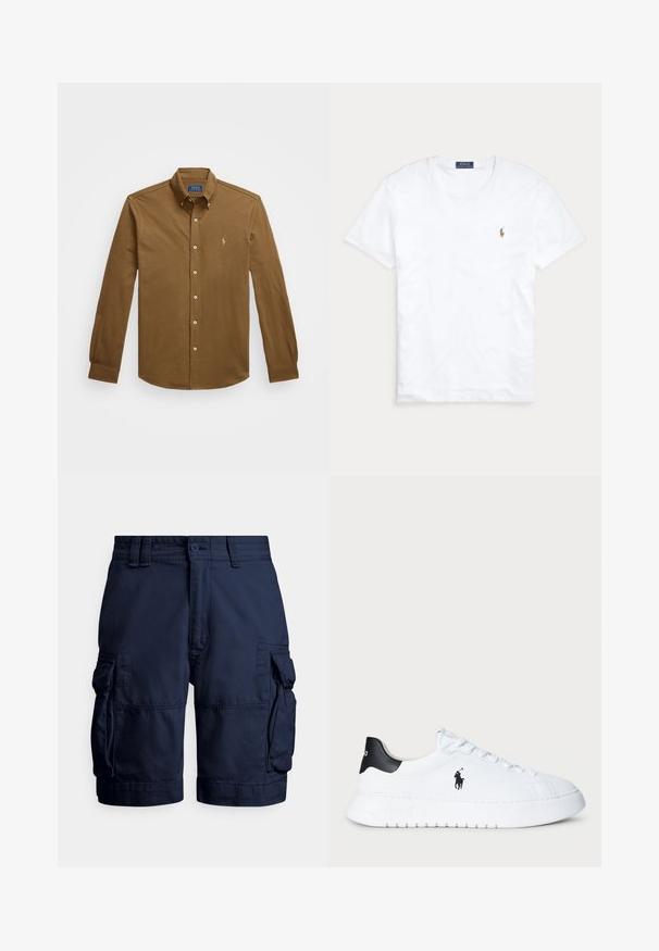 Rjava dolga srajca s kragnjo in gumbi, izdelana iz bombaža. Ima gumbno zapiranje spredaj in majhen vezen logotip na prsih.; Bela kratka majica s kratkimi rokavi in krožnim izrezom, z vezenjem logotipa Polo Ralph Lauren na levem prsnem delu.; Mornarsko modri hlače cargo iz trpežnega blaga, z bočnimi žepi, zapiranjem na gumb in šivanimi detajli za teksturo.; Bela nizka športna obutev s črnim petnim delom in črnim logotipom Polo Ralph Lauren na strani, z belimi vezalkami in debelim gumijastim podplatom.