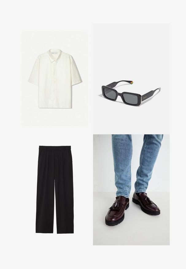 Kurzärmliges Hemd aus off-white Leinen. Mit klassischem Kragen, vorderem Knopfverschluss und lockerer Passform. Minimalistisches Design mit subtiler Textur.; Schwarze, weite Hose mit gefälteltem Vorderteil, seitlichen Taschen und einer glatten Stoffstruktur. Entworfen für eine entspannte Passform.; Burgunderfarbene Leder_SLIPPER mit Quasten und einer strukturierten Oberseite, kombiniert mit hellblauen Denim-Jeans. Schwarze Gummisohle sichtbar.; Rechteckige schwarze Sonnenbrille mit dunklen Gläsern, die ein goldenes Logo am Bügel und einen bunten gestreiften Akzent am Arm bietet.