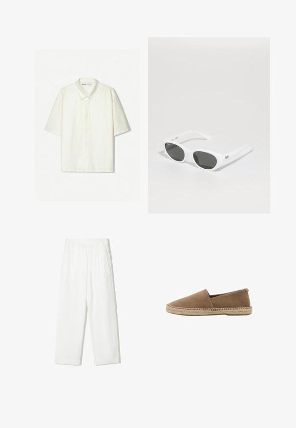 Short-sleeve button-up shirt in off-white linen. Features a classic collar, front buttons, and a relaxed fit. Minimalist design with subtle texture.; White, wide-legged pants made of textured fabric. Features an elastic waistband and two side pockets. Casual, loose fit design.; Brown suede slip-on shoe with a pointed toe, featuring a woven jute sole and a small back heel for support. Smooth texture and minimalist design.; White sunglasses with rounded frames and dark lenses. Features a smooth plastic texture and small logo on the temple.