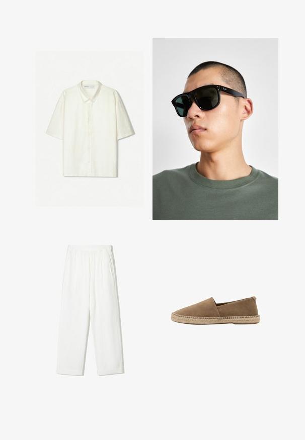 Camicia button-up a maniche corte in lino bianco sporco. Presenta un colletto classico, bottoni frontali e una vestibilità rilassata. Design minimalista con una texture sottile.; Pantaloni bianchi a gamba larga realizzati in tessuto testurizzato. Presentano una vita elastica e due tasche laterali. Design casual e vestibilità ampia.; Scarpa slip-on in suede marrone con punta affusolata, dotata di una suola in juta intrecciata e un piccolo tacco posteriore per il supporto. Texture liscia e design minimalista.; Occhiali da sole rettangolari neri con lenti scure, caratterizzati da una forma distintiva e un marchio sulla parte tempiale. Indossati da una persona con una maglietta verde.