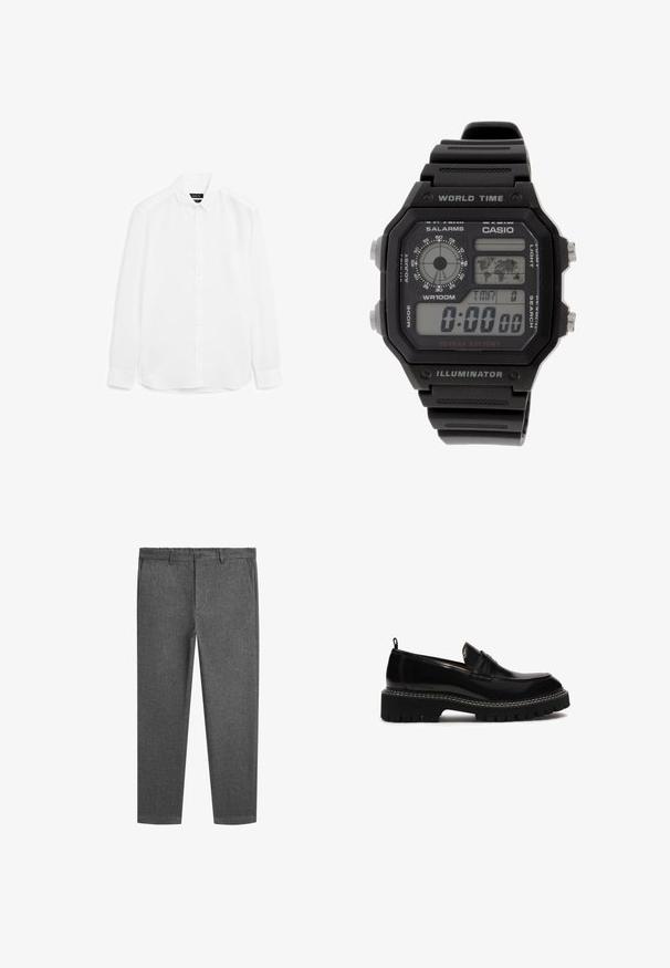 Weißes Langarmhemd aus glattem Stoff, mit button-up Front, spitzem Kragen und abgerundetem Saum mit geknöpften Bündchen.; Graue, maßgeschneiderte Hosen aus strukturiertem Stoff, mit Knopfverschluss, seitlichen Taschen und einem schmal zulaufenden Bein.; Schwarzer Leder-slipper mit runder Zehenpartie, klobiger strukturierter Sohle, dekorativer Naht und kleinem Absatz. Mit einer Ziehlasche hinten.; Digitaluhr mit schwarzem Gummiband, rechteckigem Gehäuse und Glas. Zeigt die Uhrzeit, eine Weltzeituhrkarte und Tasten für Wecker und Licht an.
