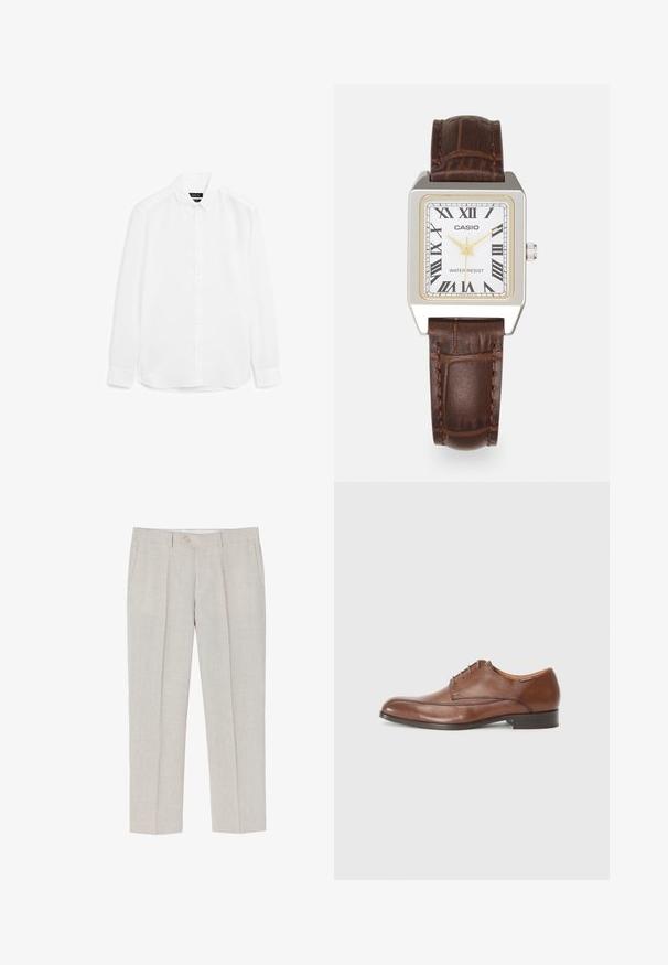 Weißes Langarmhemd aus glattem Stoff, mit button-up Front, spitzem Kragen und abgerundetem Saum mit geknöpften Bündchen.; Helle beigefarbene Leinenhose mit geradem Bein, subtiler Textur, zwei vorderen Taschen und einem einzelnen Knopfverschluss an der Taille.; Braune Leder-Dressschuhe mit glatter Oberfläche, runder Spitze, fünf Lochschnürung und flachem, niedrigem Absatz. Dezente Nahtakzente an den Seiten.; Rechteckige Casio-Uhr mit weißem Zifferblatt, goldenen Akzenten, römischen Ziffern und einem braunen Lederarmband im Krokodil-Muster. Wasserdichtes Design.; Silberne Creolen mit rundem Design, glänzender Oberfläche und einem kleinen runden Scharnier zum Verschließen. Hat einen Durchmesser von etwa 2,5 cm.