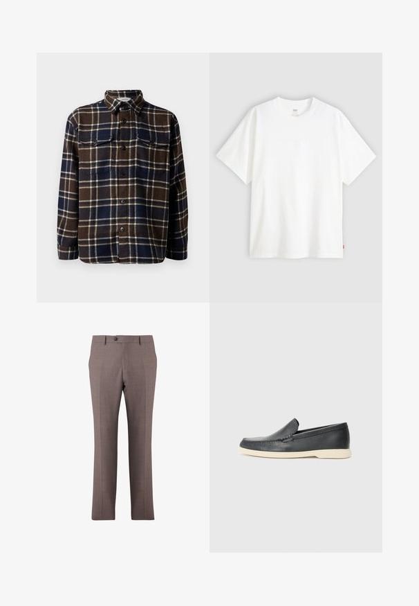 Rudas ir tamsiai mėlynas languotas flanelinis marškinis su mygtukų uždarymu priekyje, dviem krūtinės kišenėmis ir klasikinio tipo apykakle. Minkšta tekstūra ir vidutinis svoris.; Baltas trumpas rankovės marškinėlis, pagamintas iš medvilnės, su apvalia iškirpte. Priekyje yra subtilus iškilus logotipas ir raudonas etiketas ant apačios.; Rudos pritaikytos suknelės kelnės su priekine raukšle, mygtuko užsegimu, diržo kilpos ir šoninėmis kišenėmis, pateiktos baltame fone.; Juodi odiniai batus be raištelių, turintys tekstūruotą paviršių ir kontrastingą smėlio spalvos gumos padai. Yra subtilus akcentas priekyje.