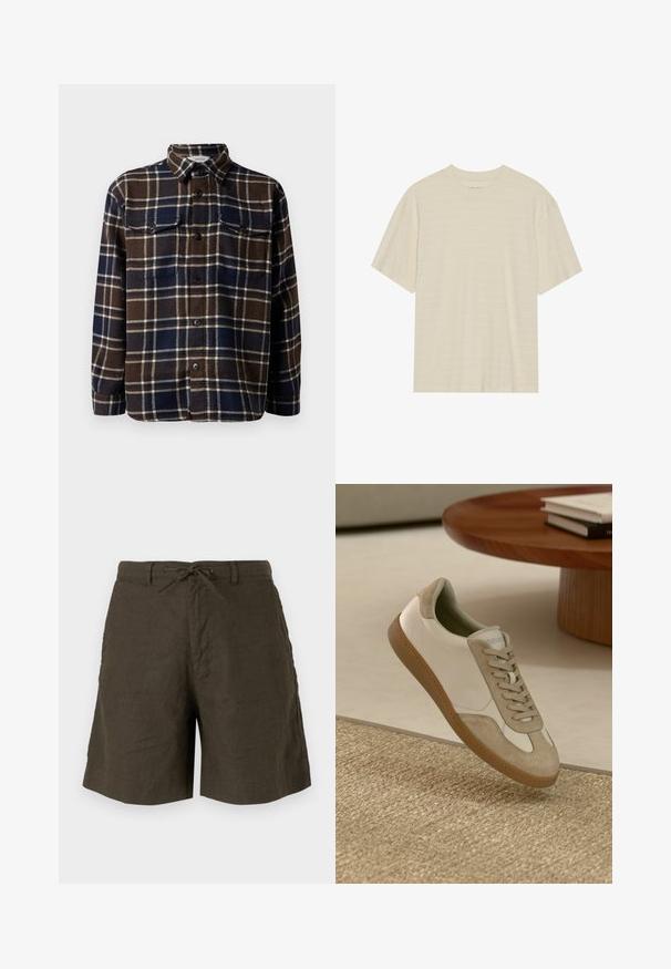 Hnědo-námořnická kostkovaná flanelová košile s knoflíkovým zapínáním vpředu, dvěma náprsními kapsami a klasickým límcem. Měkká textura a střední hmotnost.; Krémové tričko s krátkým rukávem, které má jemnou pruhovanou strukturu a kulatý výstřih, vyrobené z lehkého materiálu.; Khaki kraťasy vyrobené z lněného materiálu, s elastickým pasem na šňůrku, bočními kapsami a volným střihem s hladkou texturou.; Lehká teniska s bílým koženým svrškem a béžovými semišovými akcenty, kulatou špičkou a texturovanou hnědou gumovou podrážkou.