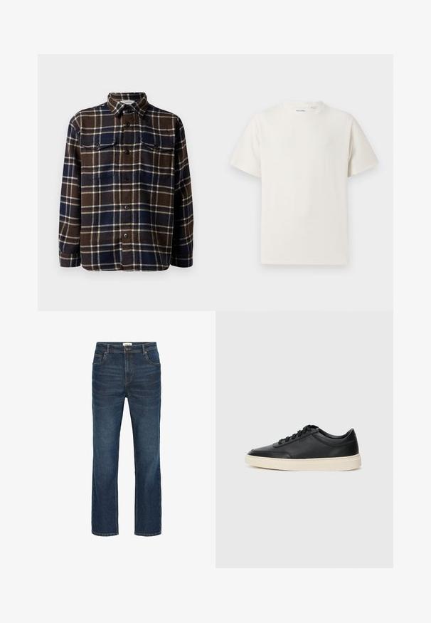 Smeđa i tamnoplava karo flanelna košulja s gumbom sprijeda, dva džepa na prsima i klasičnom kragnom. Mekana tekstura i srednja težina.; Bijela kratka majica s kratkim rukavima u rebrastoj teksturi. Okrugli izrez, ležeran kroj, bez vidljivih uzoraka ili akcenta. Jednostavan i svestran dizajn.; Tamno plave traperice ravnog kroja, s pet džepova, kontrastnim šavovima i pojasom s metalnim gumbom i petljama za remen.; Crne niske kožne tenisice s crnim vezicama i kremasto bijelom potplatom prikazane u bočnom profilu na bijeloj pozadini.