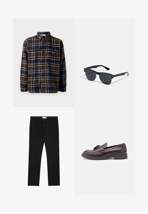 Bruin en marineblauw geruit flanellen shirt met een knoopsluiting aan de voorkant, twee borstzakken en een klassieke kraag. Zachte textuur en gemiddeld gewicht.; Zwarte straight-leg jeans met een vijf-pocket ontwerp, knoop- en ritssluiting, en een Pier One merklabel op de tailleband.; Bruine leren loafers met een ronde neus, een decoratieve kwast, gestikte details en een lage rubberen hak voor extra comfort.; Zwarte zonnebril met een rechthoekige vorm, donkere lenzen, zilveren accenten bij de slapen en een matte afwerking op het montuur.