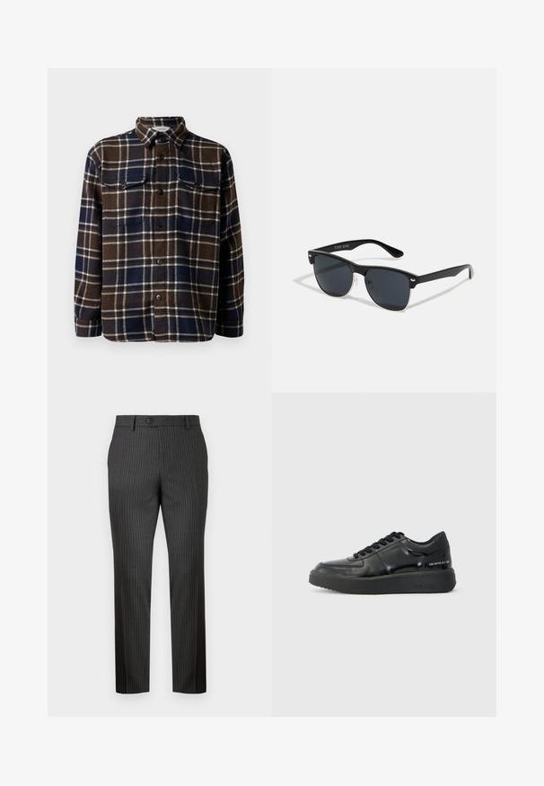 Camisa de flanela xadrez castanho e azul marinho com frente de botão, dois bolsos no peito e colarinho clássico. Textura macia e peso médio.; Calças cinzentas riscas feitas de um tecido com uma textura suave. Apresentam um fecho frontal por botão e um design de perna reta para um ajuste sob medida.; Ténis de couro preto com acabamento liso, bico redondo e sola de borracha preta em contraste. Apresenta atacadores planos e marcação na lateral.; Óculos de sol pretos com forma retangular, lentes escuras, detalhes em prata nas hastes e um acabamento mate na armação.