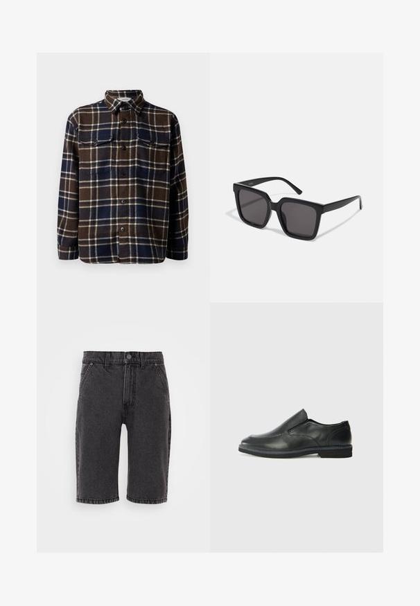 Camicia di flanella a quadri marrone e navy con una chiusura a bottoni frontale, due tasche sul petto e un colletto classico. Tessuto morbido e peso medio.; Shorts in denim nero con taglio dritto, dotati di chiusura con bottone e zip, cinque tasche e dettagli di cucitura discreti.; Scarpa nera in pelle con inserto scivolare, superiore liscio, dettagli cuciti, punta arrotondata e tacco in gomma basso. La suola presenta un battistrada minimale.; Occhiali da sole con montatura nera a quadro, lenti scure e materiale in plastica liscia e lucida. Le astine presentano un design semplice e allungato.; Collana di perle bianche con forma rotonda uniforme, superficie liscia e chiusura in metallo con catena di estensione per lunghezza regolabile.