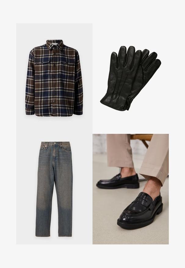 Camisa de flanela xadrez castanho e azul marinho com frente de botão, dois bolsos no peito e colarinho clássico. Textura macia e peso médio.; Jeans de denim em azul escuro com um efeito desbotado. Apresentam pernas retas, um design clássico de cinco bolsos e fecho de botão metálico.; Mocassins de couro preto com acabamento liso, apresentando uma faixa decorativa e costura em contraste, acompanhados de calças bege.; Luvas de couro preto com uma textura lisa, cinco dedos e detalhes de costura subtis. Design clássico, adequado para uso em clima frio.