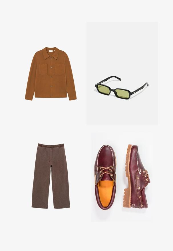 Brauner gerippter Cardigan mit einem kragenähnlichen Ausschnitt, zwei Brusttaschen und Knopfverschlüssen auf der Vorderseite. Weicher Stoff mit lockerer Passform.; Braune Baumwoll-Sweatpants mit elastischem Bund, verstellbarem Kordelzug, weit geschnittenen Beinen und minimalen Nähdetails.; Bordeauxfarbene Lederschuhe mit braunen Gummisohlen, runder Zehenform, weißen Nähten und goldenen Ösen. Das Innenfutter weist eine gelbe Beschichtung auf.; Schwarze Sonnenbrille mit angular Design, grünen, getönten Gläsern und glatten Kunststoffrahmen. Mit goldenen Akzenten an den Bügeln.