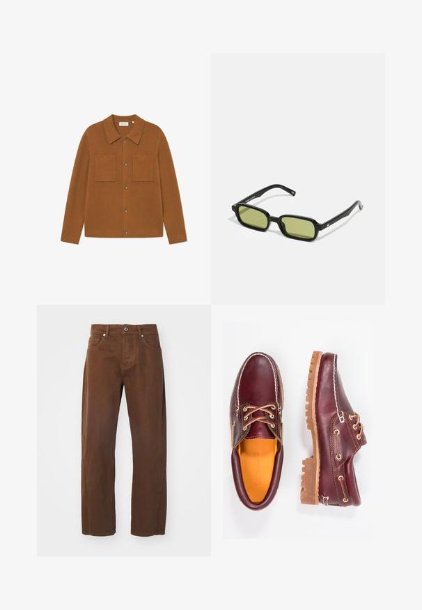 Smeđi rebrasti kardigan s ovratnikom, dva džepa na prsima i dugmadima sprijeda. Mekana tekstura s opuštenim krojem.; Smeđe pamučne hlače ravnog kroja, s pet džepova, prednjim kopčanjem na dugme i suptilnim detaljima šivanja.; Burgundske kožne cipele s smešnim gumenim potplatima, okruglim vrhom, bijelim šavovima i zlatnim rupama za vezivanje. Unutrašnjost ima žutu podstavu.; Crne sunčane naočale s kutnim dizajnom, zelenim staklima i glatkim plastičnim okvirom. Imaju zlatne detalje na naramenicama.