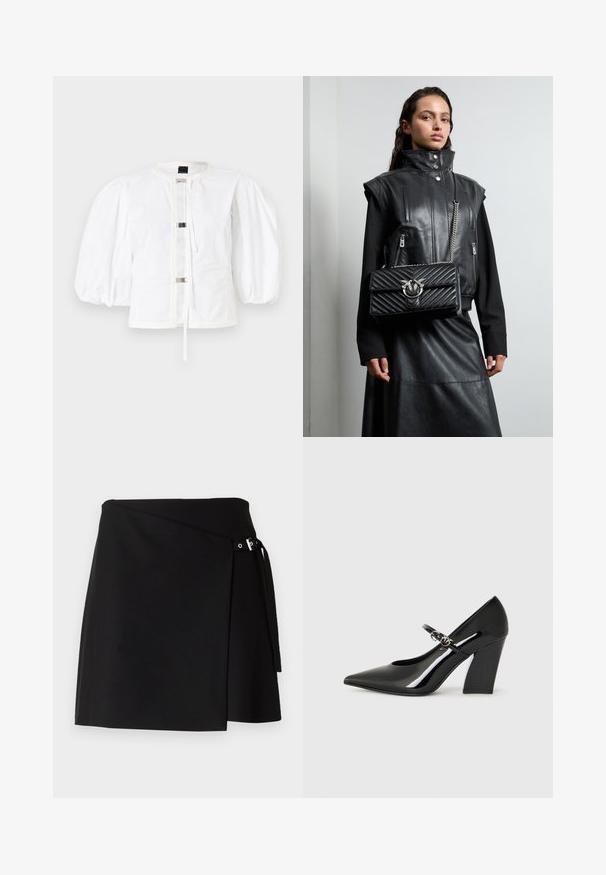 Weißer Blazer mit Puffärmeln und geradem Schnitt, mit einer Vorderseite, die mit metallischen Schnallen verschlossen wird, und einem runden Halsausschnitt. Glattes Baumwollmaterial.; Schwarzer Wickelrock aus strukturiertem Stoff mit seitlichem Schnallendetail und langer Bindeband. Hat einen geraden Schnitt und klare Linien.; Schwarzer Lackleder-Highheel-Schuh mit spitzem Zeh, einem klobigen Absatz und einem Riemen mit metallischen Hardware-Details.; Schwarze Lederweste mit hohem Kragen, mit Reißverschlusstaschen und einer schwarzen, gesteppten Handtasche mit silbernen Hardware-Details, getragen zu einem langen schwarzen Rock.