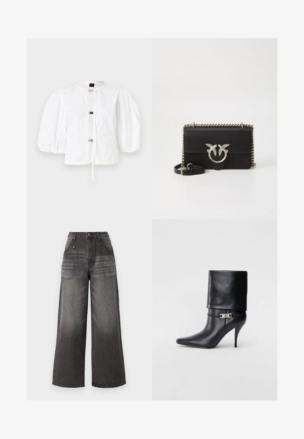 Bílé sako s nafouknutými rukávy a rovnou siluetou, s předním zapínáním na kovové přezky a kulatým výstřihem. Hladká bavlněná látka.; Široké černé džíny z denimu se zesvětleným odstínem, obsahující dvě přední kapsy a kontrastní šití. Materiál je pevný a má texturovaný povrch.; Černé kožené kotníkové boty s špičatou špičkou, vysokým stiletto podpatkem, ohrnovací manžetou a zlatým ozdobným přezkovým detailem na kotníku.; Černá kožená crossbody taška se stříbrným motivem ptáka, řetízkovým detailem a nastavitelným popruhem. Hladký povrch s kompaktním obdélníkovým tvarem.