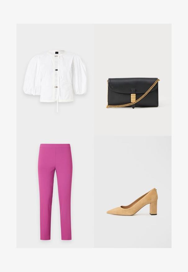 Hvit jakke med puffermer og rett snitt, med frontlukking med metallspenner og rund hals. Glatt bomullsstoff.; Tette, høy midje bukser i levende rosa, laget av glatt, elastisk stoff. Ankellang lengde uten synlige lommer eller lukking.; Beige semskede høyhælte pumper med spiss tå og chunky blokkhels. Materialet har en myk tekstur med en jevn finish.; Svart skinnkoffert med brett-flap, gullkjedehank og dekorativt gullakcent med hevede bokstaver, glatt tekstur.