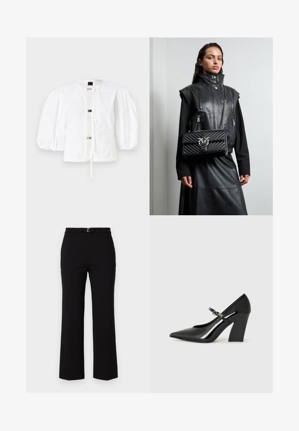 Hvit jakke med puffermer og rett snitt, med frontlukking med metallspenner og rund hals. Glatt bomullsstoff.; Sorte, høy midje bukser laget av glatt stoff, med et belte med en gullspenne og en utsvingt ben design.; Sorte patentlæder højhælede sko med spids tå, en chunky hæl og en rem med metal hardware detaljer.; Svart skinnvest med høyt krage, glidelås-lommer og en svart kviltet håndveske med sølvdetaljer, brukt sammen med et langt svart skjørt.