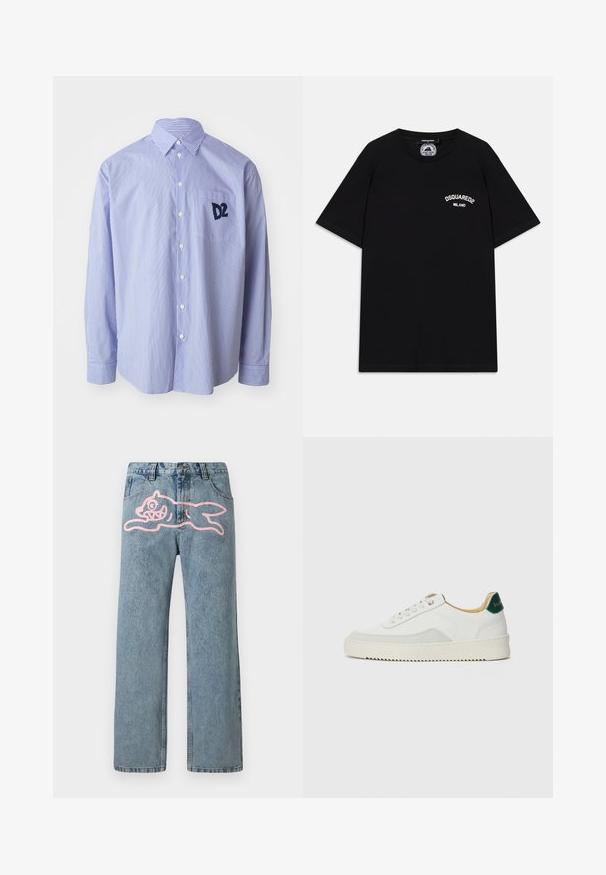 Sinine ja valge triibuline pikakä sleevesärk, mis on valmistatud puuvillast. Omab nööpidega kaelust ja rinna taskut, kus on tumesinine logo.; Mustad puuvillane T-särk lühikeste varrukatega, millel on rinnal valge "DSQUARED2 MILANO" logo. Ümara kaela kujundus, sile tekstuur.; Heledad sinine denim, otste lõikega, millel on vasakul reiel suur roosa joonistatud kass. Klassikaline viie-tasku disain.; Valged tennisjalanõud, millel on sametised aktsendid, ümar varvas, lame nöörid ja kreemjas kummine põhja. Hästi nähtav roheline bränding kannal.