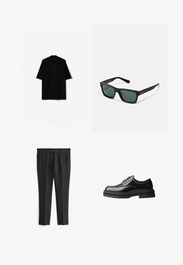 Fekete, rövid ujjú póló, laza fazonnal, textúrált anyagból és gallérral. A háta varrásmentes kialakítással rendelkezik, nem látható varrásokkal.; Fekete, testre szabott nadrág lapos elülső résszel, két oldalsó zsebbel és gombos záródással. Simább textúrájú és egyenes lábú kialakítású.; Fekete bőr cipő sima felülettel, kerek orral, hat szemlyukú fűzős kivitelben és vastag, texturált gumitalpakkal.; Fekete téglalap alakú napszemüveg zöld lencsékkel, matt felülettel, egyenes szárakkal, és a Ray-Ban logóval az oldalon.