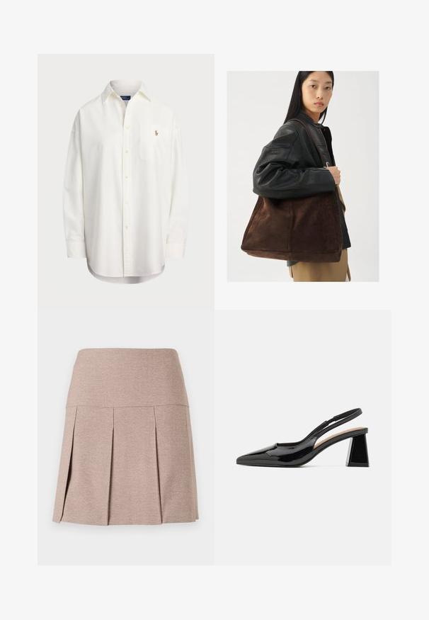 Fehér gombos ing, pamutból készült, mellzsebbel és kis hímzett logóval. Laza fazonú, klasszikus nyakkal és hosszú ujjakkal.; Plisszírozott szoknya puha bézs szövetből, sima derékkal, texturált, könnyű anyaggal és egyenes szegéllyel.; Fekete lakk slingback magassarkú cipők hegyes orral, egyedi geometriai blokksarkukkal és sima felülettel. Állítható pánt a támogatás érdekében.; Barna velúr válltáska széles formával és puha textúrával, egyetlen pánttal és minimális fémalkatrészekkel egy semleges háttér előtt.