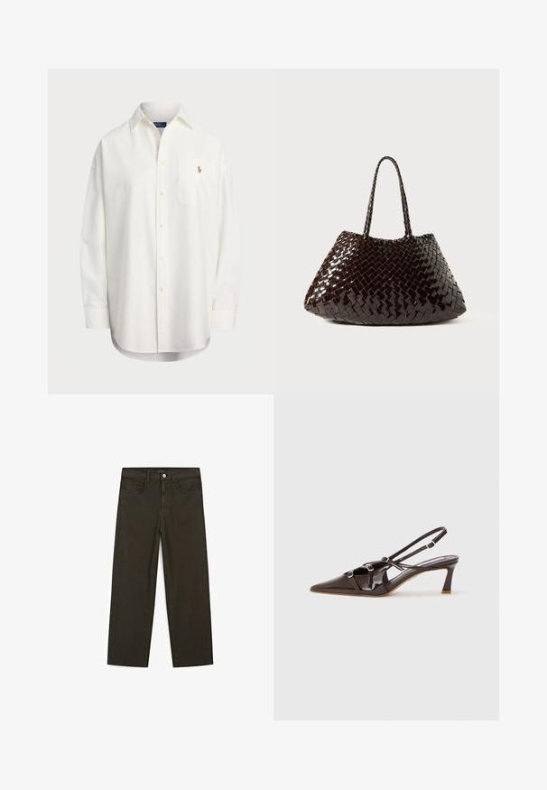 Biała koszula z długim rękawem, wykonana z bawełny, z kieszonką na piersi i małym haftowanym logo. Luźny fason z klasycznym kołnierzykiem.; Ciemnozielone spodnie dżinsowe typu wide-leg wykonane z mieszanki bawełny, z zamkiem na guzik z przodu, pięcioma kieszeniami i klasycznym przeszyciem dżinsowym.; Brązowe lakierowane skórzane czółenka na odkrytej pięcie z ostrym noskiem, regulowanymi paskami i dekoracyjnymi klamrami z przodu. Wysokość obcasa 3 cale.; Woven handbag w ciemnym brązie, posiada błyszczące wykończenie, stożkowaty kształt i plecione uchwyty. Teksturowany wzór dodaje głębi i wizualnego zainteresowania.
