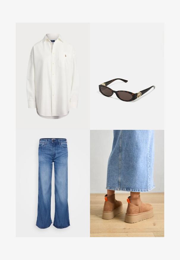 Bijela košulja s dugim rukavima od pamuka, s džepom na prsima i malim izvezenim logom. Općeniti kroj s klasičnom kragnom.; Svijetloplave široke traperice s visokim strukom i neurezanom rubom. Imaju pet džepova, petlju za remen i blago izbljeđivanje na tkanini.; Smeđe suede platform čizme s elastičnim bočnim panelima i narančastim vučnim trakama, uparenim s suknjom od svijetlog denima do koljena na drvenom podu.; Suncane naočale od kornjačevine s izduženim ovalnim lećama, smešnim nijansama, zlatnim logotipom na drškama i elegantnim crnim krakovima.