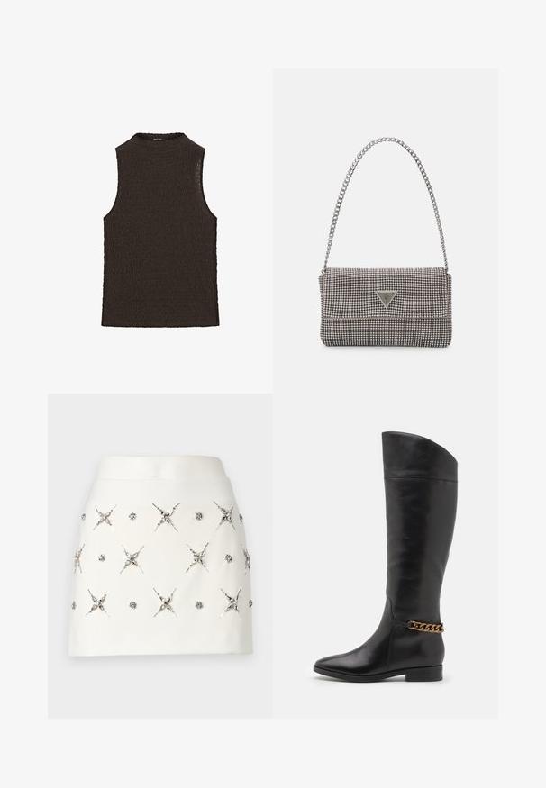 Top senza maniche marrone con un design ondulato testurizzato e collo alto, realizzato in un tessuto a maglia flessibile.; Gonna mini bianca con una consistenza liscia, adornata con decorazioni argentate tra cui forme di stelle e fiori. Presenta vari dettagli metallici.; Alti stivali in pelle nera dal design elegante, punta affusolata e dettagli in catena dorata alla caviglia. Tacco a blocco basso. Texture liscia.; Borsa a mano metallica grigia chiara con tracolla a catena, impreziosita da piccoli chiodi metallici circolari e da un logo triangolare del marchio.; Orecchini a cerchio in argento con una finitura liscia e lucente. Forma arrotondata, design leggero, con chiusura a perno.