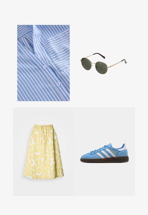 Hellblau-weiß gestreiftes Hemd mit Knöpfen, das einen Kragen, eine Brusttasche und eine glatte Stoffstruktur mit flachen Knöpfen aufweist.; Gelber Blumenrock mit texturierter Oberfläche, ausgestattet mit einem gerafften Bund und einer knie-langen A-Linien-Form. Muster großer gelber Blumen auf einem weißen Hintergrund.; Helles blaues Wildleder-Sneaker mit weißen Lederstreifen, einer braunen strukturierten Sohle und goldenen Logodetails. Niedrig geschnittenes Design mit runder Zehenpartie.; Runde Sonnenbrillen mit goldfarbenen Metallrahmen und dunkelgrünen Gläsern. Die Bügel haben ein Schildpatt-Muster für zusätzliche Details.