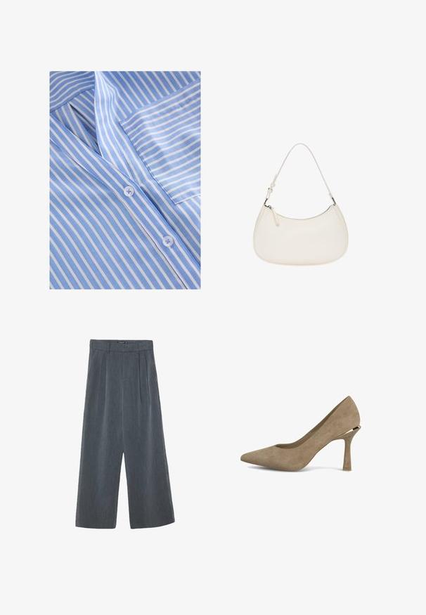 Light blue and white striped button-up shirt, featuring a collared neckline, front pocket, and smooth fabric texture with flat buttons.; Wide-leg trousers in dark gray, featuring a textured fabric, pleated front, and a high waist design with a smooth waistband.; Beige suede high-heeled pump with a pointed toe and a unique geometric heel. Smooth texture with minimal stitching detail.; White leather handbag featuring a curved shape, adjustable strap, and top zipper closure. Smooth texture with minimal hardware details.; Gold hoop earrings with a smooth, rounded shape. Features a shiny finish and a secure clasp mechanism. Bold design with a seamless curve.