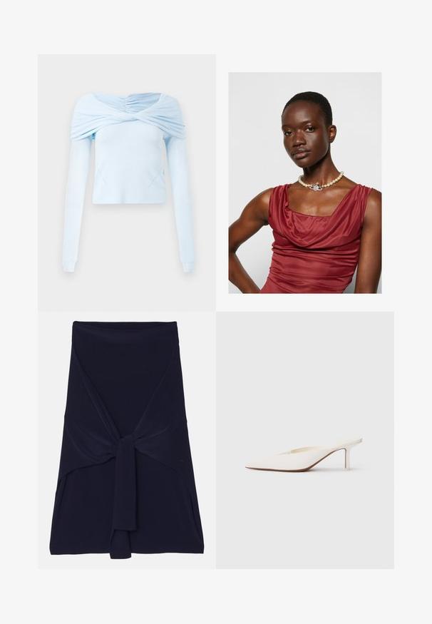 Lichtblauw langemouwtop met gathered off-shoulder ontwerp en zachte textuur, met een aansluitend lichaam en subtiele stiksels.; Marineblauwe wikkelrok van zachte, rekbare stof met een geknoopte uitstraling aan de voorkant, voorzien van een gladde textuur en op maat gemaakte randen.; Witte muiltjes met spitse neus en een lage stilettohak. Gemaakt van glad materiaal met een minimalistisch ontwerp en subtiele tan kleurige zooldetails.; Kraagloze, diep rode jurk met een gladde textuur. Voorzien van een parelketting met een decoratieve zilveren accent in het midden.