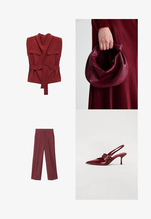 Punainen kietaisupaita, joka on valmistettu pehmeästä kankaasta. Siinä on korkea kaulus, kaksi etutaskua, vyö ja löysä istuvuus.; Bordeaux leveled trousers with a smooth texture, featuring side pockets and a high waist design. Tailored with a clean front crease.; Punaiset patenttalahkeet slingback-korkokengät, joissa on terävä kärki, kaksi solkiverkkoa ja kapea, keskipituinen stiletto-korko. Sileä pinta.; Burgundy-nahkakäsilaukku, jossa on pehmeä, ryppyinen muotoilu ja pyöreä muoto. Kahva on kiinnitetty tukevasti, ja siinä on sileä pinta.
