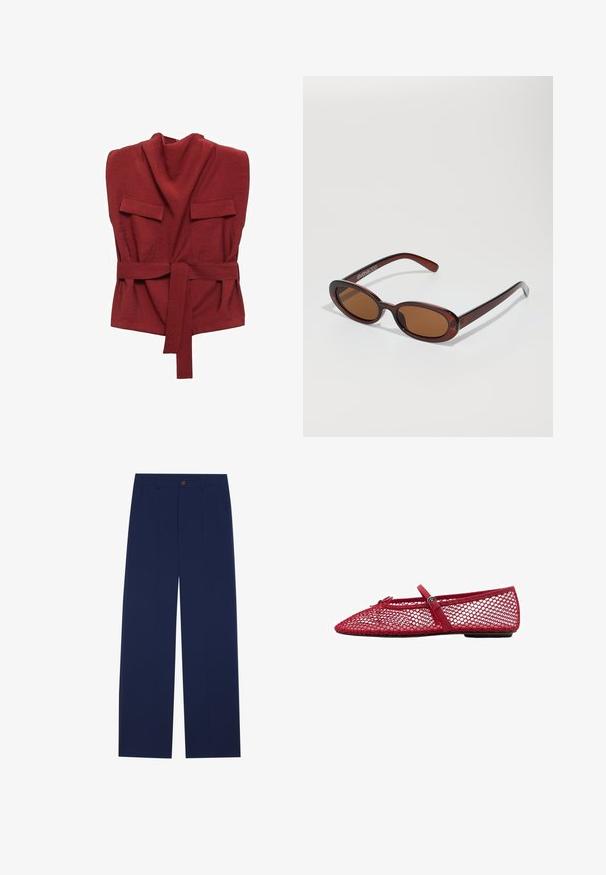 Rode wikkeltop van zachte stof, met een hoge hals, twee voorzakken, een riem en een losse pasvorm.; Marineblauwe wijde broek gemaakt van gladde stof, met voorzakken, een knoopsluiting en een tailormade ontwerp met plooien.; Rode mesh ballerina's met een spitse neus, voorzien van een dunne band en een gespdetail. De bovenkant heeft een open honingraatpatroon.; Ronde, bruin getinte zonnebril met een glanzend bordeauxrood frame. Slanke pootjes met subtiele merkdetails. Vlakke lensontwerp.