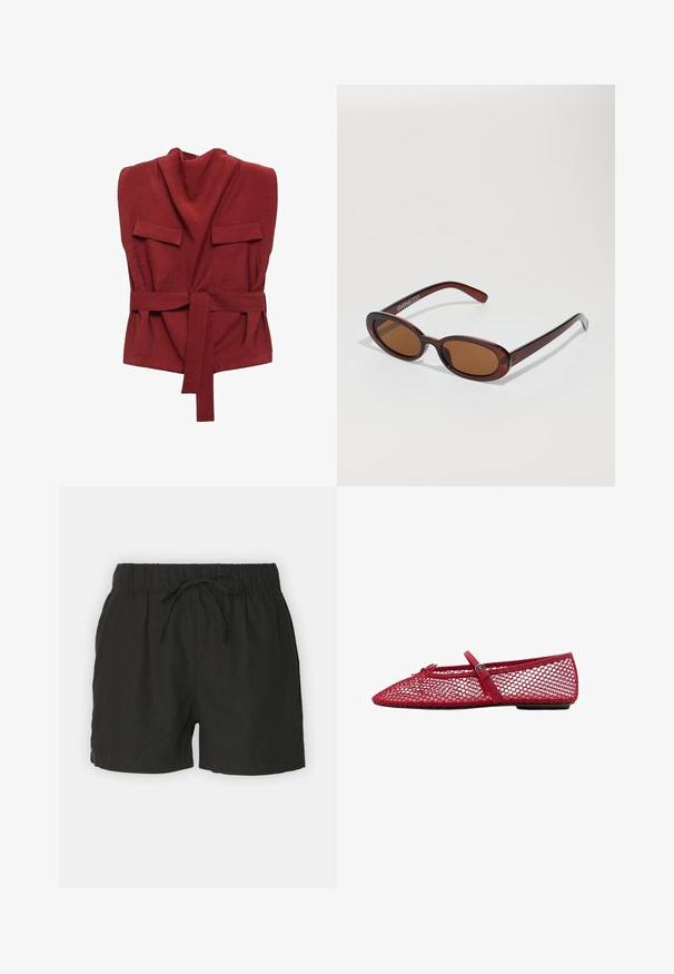 Red wrap top made of soft fabric, featuring a high neck, two front pockets, a belt, and a loose fit design.; Black linen shorts with an elastic waistband and adjustable drawstring. They feature a simple design and breathable texture.; Red mesh ballet flats with a pointed toe, featuring a thin strap and buckle detail. The upper has an open, honeycomb pattern.; Round, brown-tinted sunglasses with a glossy burgundy frame. Slim arms with subtle branding detail. Flat lens design.