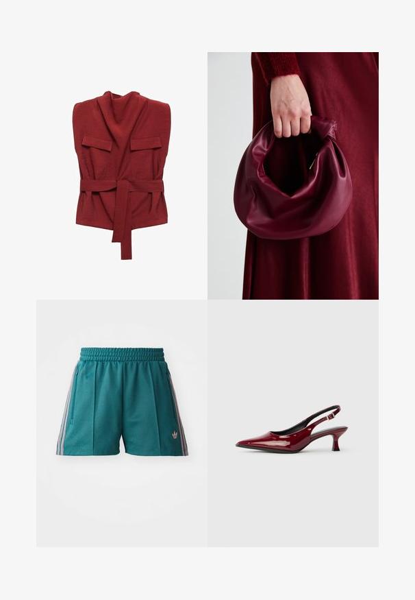 Top roșu dintr-un material moale, cu guler înalt, două buzunare frontale, o curea și un design lejer.; Șorturi atletice teal cu un brâu elastic, cu accente laterale în dungi roz și alb și buzunare laterale cu fermoar. Logo pe tiv.; Sandale cu toc din piele patent burgundy, cu vârful ascuțit și toc stiletto elegant. Design cu spatele deschis și detaliu cu curea pentru gleznă ajustabilă.; Geantă de mână din piele burgundă, cu un design moale și pliat și o formă rotundă. Mânerele sunt securizate, evidențiind o textură netedă.