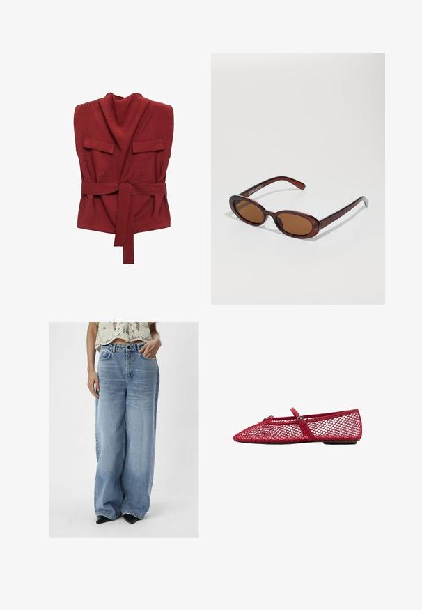 Röd omslagstopp gjord av mjukt tyg, med hög hals, två framlommor, ett bälte och en lös passform.; Ljust blå vida jeans i denim, med hög midja, framfickor och en något urtvättad tvätt. Kombinerat med spetsig klack.; Röda nätballerinor med spetsig tå, med en tunn rem och spänne. Överdelen har ett öppet, bikupemönster.; Runda, bruntonade solglasögon med en glansig bordeauxfärgad ram. Smala bågar med subtilt varumärkesdetalj. Platt linsdesign.