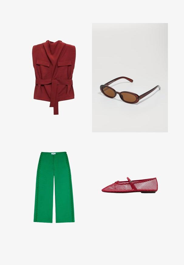 Red wrap top made of soft fabric, featuring a high neck, two front pockets, a belt, and a loose fit design.; Green wide-leg trousers made from textured fabric, featuring scalloped accents along the side seams and a relaxed fit.; Red mesh ballet flats with a pointed toe, featuring a thin strap and buckle detail. The upper has an open, honeycomb pattern.; Round, brown-tinted sunglasses with a glossy burgundy frame. Slim arms with subtle branding detail. Flat lens design.