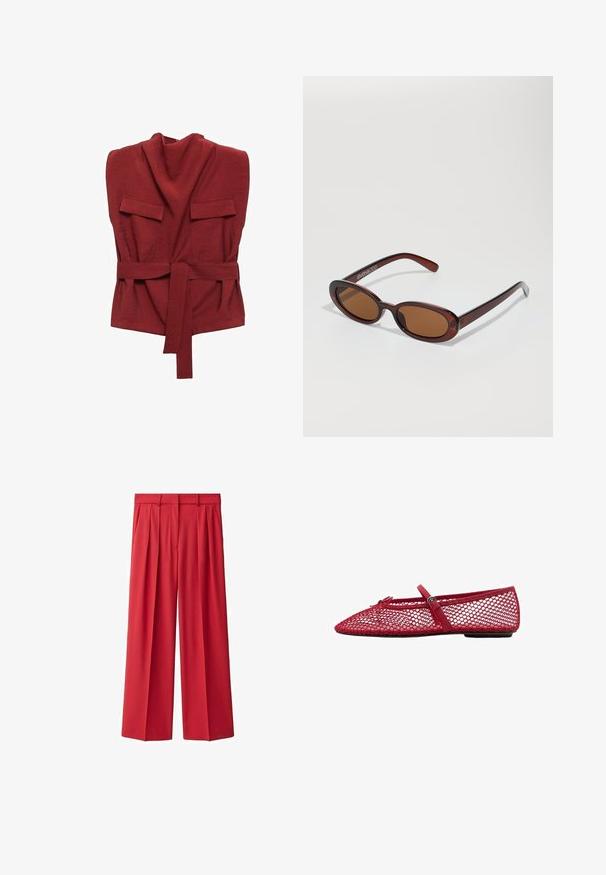 Crvena majica s omotom od mekog materijala, s visokim ovratnikom, dva prednja džepa, remenom i ležernim krojem.; Crvene, visokog struka, plisirane hlače širokih nogavica od glatkog materijala. Ima petlje za pojas i prednje zatvaranje na zip. Klasično krojena.; Crvene mrežaste balerinke s izrezanim vrhom, s tankom trakicom i detaljem kopče. Gornji dio ima otvoreni uzorak u obliku saća.; Okvir okruglih, smeđkastih sunčanih naočala s sjajnim burgundskim okvirom. Uski nositelji s suptilnim brendiranjem. Ravna leća.
